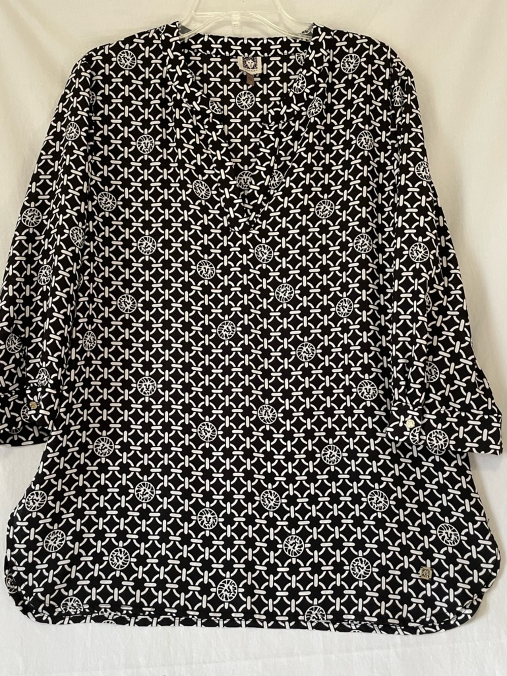 Anne Klein Black & White Geometric V-Neck Semi-Sheer Tunic Top, Sz Large